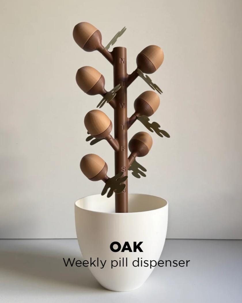 Oak Acorn Flower Pill Organizer | 3D Printed Weekly Medication Box | Magnetic Bloom Flowers